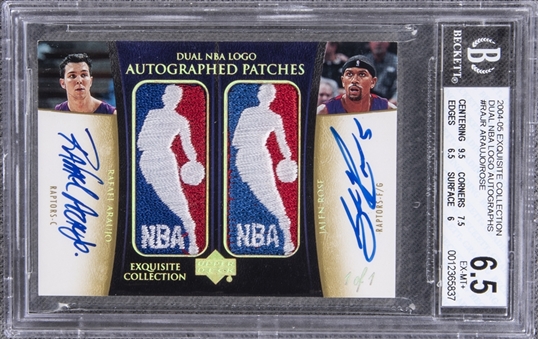 2004-05 UD "Exquisite Collection - Dual NBA Logo Autographs" #RA-JR Rafael Araujo/Jalen Rose Dual-Signed Game Used Logoman Patch Card (#1/1) – BGS EX-MT+ 6.5/BGS 10 